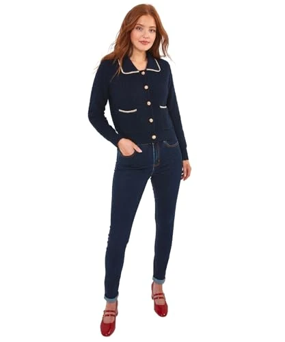 Women's Wool Blend Textured Knit Patch Pocket Collared Cropped Cardigan Sweater, Navy, UK 12