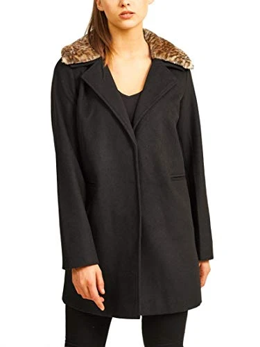 Womens Wool Coat with Faux Fur Collar Black