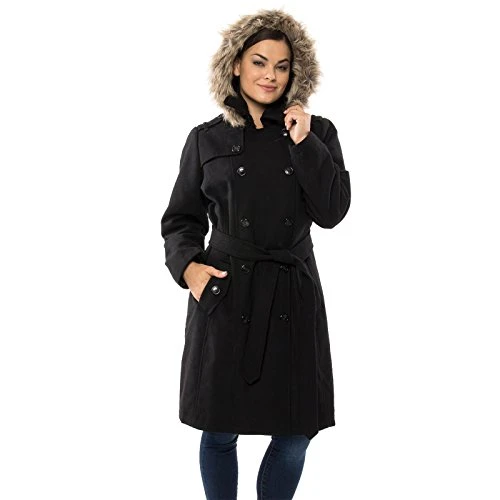 Womens Wool Parka Jacket Removable Fur Trim Hood Belted Trench Coat BLK 3XL