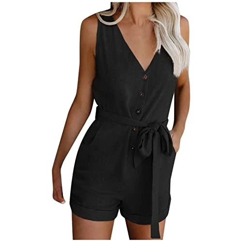 Womens Work Jumpsuit Casual Elegant Sleeveless One Piece Shorts Rompers with Belt Ladies Plain V Nec