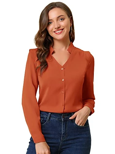 Women's Work Office Blouse Button Up Long Sleeve V Neck Chiffon Shirt Orange Brown 12