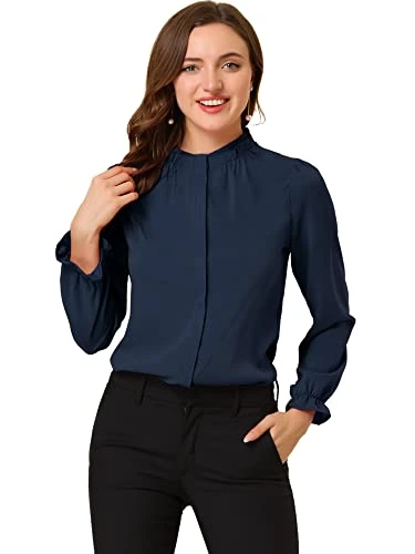 Women's Work Office Button Closure Long Sleeve Ruffled Stand Collar Chiffon Blouse Navy Blue 16