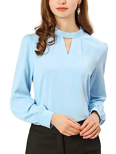 Women's Work Office Shirt Keyhole Elegant Stand Collar Long Sleeve Chiffon Blouses Light Blue XL-20