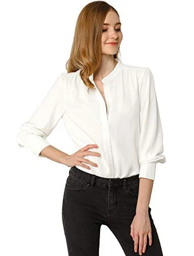 Women's Work Office Stand Collar Button Down Long Sleeve Shirts Blouse White 12