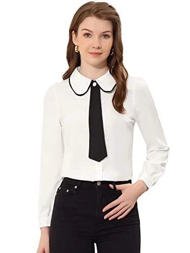 Women's Work Office Tie Neck Long Sleeve Button Down Peter Pan Collar Shirt White M-12