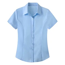 Womens Work Short Sleeve Blouse Shirts Ladies Formal Office Premium Shirts Cotton Reverse Collar Button Down Blouse Plain Easy Care Non-Iron Slim Fit Workwear Light Blue