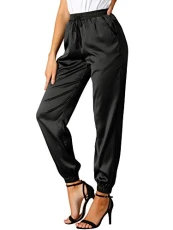Women's Work Trousers Drawstring Elastic Waist Athleisure Track Pants Ankle Length Satin Joggers with Pocket Black XL Women's Work Trousers Drawstring Elastic Waist Athleisure Track Pants Ankle Length Satin Joggers with Pocket Black XL