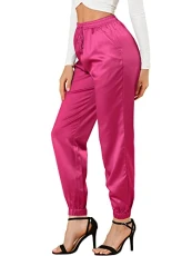 Women's Work Trousers Drawstring Elastic Waist Athleisure Track Pants Ankle Length Satin Joggers with Pocket Hot Pink M Women's Work Trousers Drawstring Elastic Waist Athleisure Track Pants Ankle Length Satin Joggers with Pocket Hot Pink M