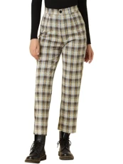 Women's Work Trousers High Waist Plaid Tartan Check Button Straight Leg Casual Pants Blue Brown L Women's Work Trousers High Waist Plaid Tartan Check Button Straight Leg Casual Pants Blue Brown L