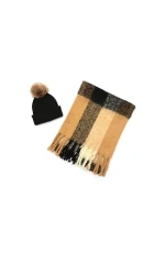 Women's Woven Check Scarf and Pom Hat Set-Boxed, Black, One Size