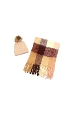 Women's Woven Check Scarf & Pom Hat Boxed Set, Stylish & Comfortable Beanie & Scarf, Rose Smoke, One Size