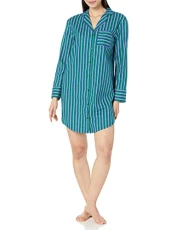 Women's Woven Flannel Notch Collar Nightgown (Available in Plus Size), Blue Green Vertical Stripes, XXL Plus Women's Woven Flannel Notch Collar Nightgown (Available in Plus Size), Blue Green Vertical Stripes, XXL Plus