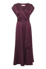 Women's Wrap Dress Short Sleeves V-Neck Fit and Flare Maxi Length Belted, Winetast, UK 10.5
