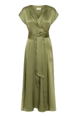 Women's Wrap Dress V-Neck Short Sleeves Ankle Length Regular Fit Tie Waist, Oil Green, 8