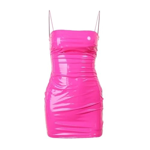 Women's Wrap Dress Women's Sexy Latex Spaghetti Straps Bodycon Dress Tight Ruched Deep Cut Club Party Mini Dress Retro Mini Dress Black Short Ball Dress Short Tight, Hot Pink, XL