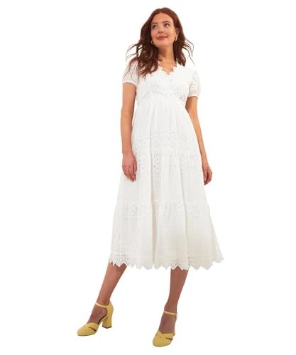 Women's Wrap Front Scalloped Edge Broderie Midi Dress, White, 12