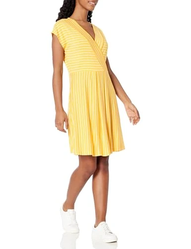 Women's Wrap Short Sleeve Stripe Dress Casual, Daffodil/Ivory, M