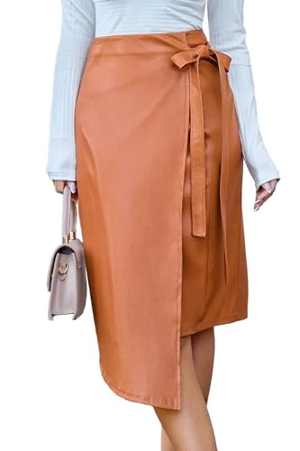 Women's Wrap Skirt with Asymmetric Hem, Woven Faux Leather, Fashionable Skirt with Side Tie, orange, M