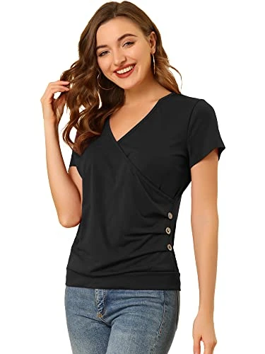 Women's Wrap V Neck Short Sleeve Button Decor Ruched Top Black 12