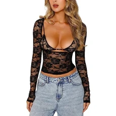 Womens Y2K Mesh Cut Out Top Long Sleeve Lace See Through Sexy V Neck Floral Sheer Crop Top Tee Shirt Going Out Tops (Black, M)