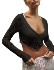 Womens Y2K Mesh Long Sleeve Top Lace See Through Sexy V Neck Floral Sheer Crop Top Tee Shirt Going Out Tops (Black, L)