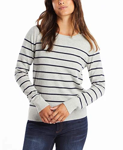 Women's Year-Round Long Sleeve 100% Cotton Striped Crewneck Sweater, Grey Heather, Small