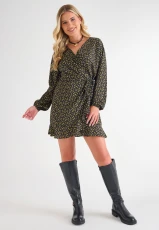 Womens Yellow & Black Floral Print Wrap Dress