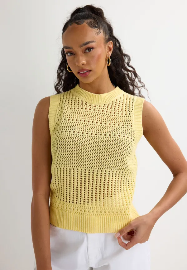 Womens Yellow Open Knit Jumper Vest