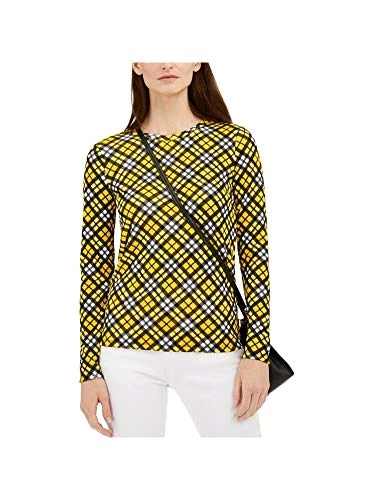 Womens Yellow Plaid Long Sleeve Crew Neck Sweater UK Size:L