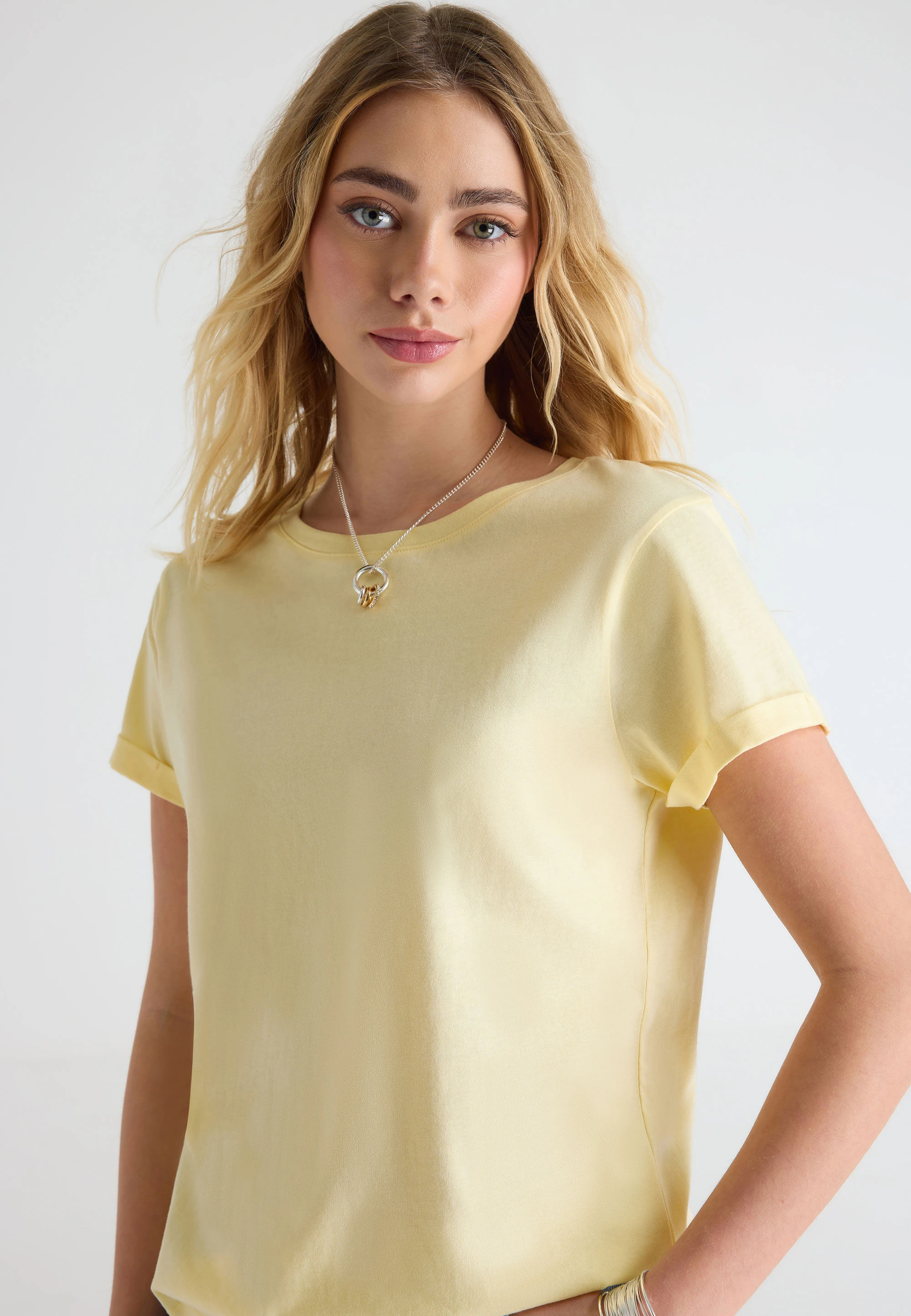 Womens Yellow Roll Sleeve Top