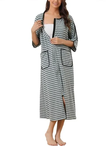 Womens Zip Front Robe 3/4 Sleeve Striped Long Bathrobe House Dress Housecoat Pajama Grey XL