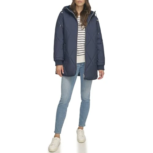 Women's Zip-up Quilted Coat, Navy, M
