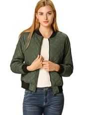 Women's Zip Up Raglan Long Sleeves Quilted Bomber Jacket Dark Green M