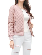 Women's Zip Up Raglan Long Sleeves Quilted Bomber Jacket Pink M