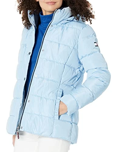 Women's Zip Up Short Puffer Jacket Coat, Cerulean, L