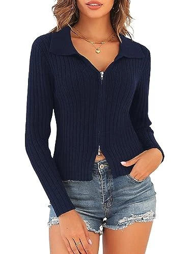 Women's Zip Up Sweater Long Sleeve Polo V Neck Ribbed Knit Slim Cropped Sweater Pullover Jumper Tops, 1-navy Blue, Small