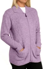 Womens Zipped Cable Knit Long Sleeve Collar Cardigan, Ladies Classic Chunky Winter Knitwear Zip Through Fasten with Pockets Pullover Jumper Top Zipper UK Plus Size 8-22, Lialic -16-18