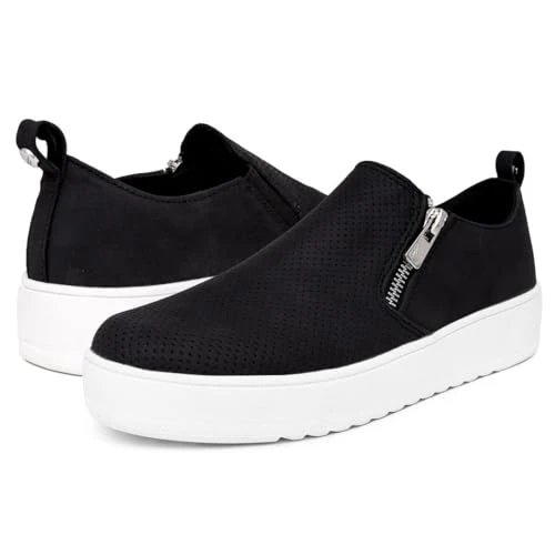 Women's Zipper Slip-On Oxford Sneakers, Low-Top Fashion Sneakers for Casual Walking, Black, 7 UK