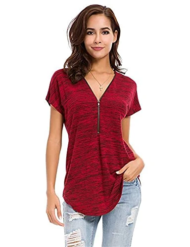 Women's Zipper V Neck T Shirts Casual Short Sleeve Top Solid Color Casual Blouse Ladies Bottoming Shirt Sweatshirt Red