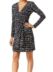 womensCD6A1603Long Sleevel Mock Wrap Dress with Buckle Long-Sleeve Dress - Multi - 6