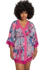 Womenswear Plus Size Curvy Blossom Print Lace Trim Kimono Bathrobe gray 32-38 806700183-3+