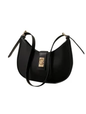 Wonen's Metal Decor Crescent Shoulder Bags Leather Handbag Crossbody Bag Zipper Underarm Bag, Black, One Size