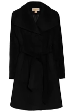 Wool Belted Wrap Solid Black Coat, Black, M
