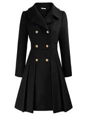 Wool Blends Double-Breasted Coat Buttons Up Black Long Puffed Sleeve Trench Coat Outfit for Women M