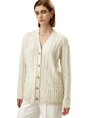 Wool Cashmere Blend Cardigan for Women Oversized Cable Weave Button Front Long Sleeve Knitted Sweater Jacket Female Fall(White,M)