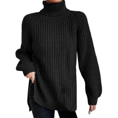 Wool Jumpers for Women UK Cute Sweater Teachers Gifts Autumn and Winter Fashion Solid Color Knit Sweater Medium Long Shoulder Sleeve High Lapel Split Sweater Pullover Sweater Sale Clearance Black