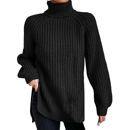 Wool Jumpers for Women UK Cute Sweater Teachers Gifts Autumn and Winter Fashion Solid Color Knit Sweater Medium Long Shoulder Sleeve High Lapel Split Sweater Pullover Sweater Sale Clearance Black