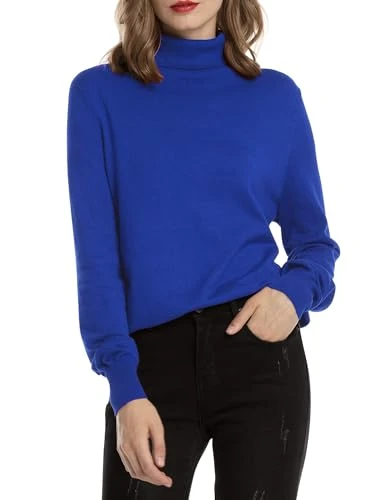 Woolen Bloom Women's Polo Neck Jumper Turtleneck Long Sleeve Chunky Knitted Pullover Sweatshirt, Royal Blue XL