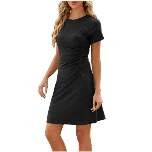 Work Dresses for Women UK Summer Sleeveless Ruched Bodycon Dress Belt Crew Neck Ribbed Dresses Ladies Elegant Short Dress Mini Cocktail Party Dress Work Formal Outfits