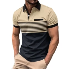 Work Polo Shirts for Men Khaki Polo Shirt Short-Sleeved Color-Blocked Striped Button-Down Collar T-Shirt